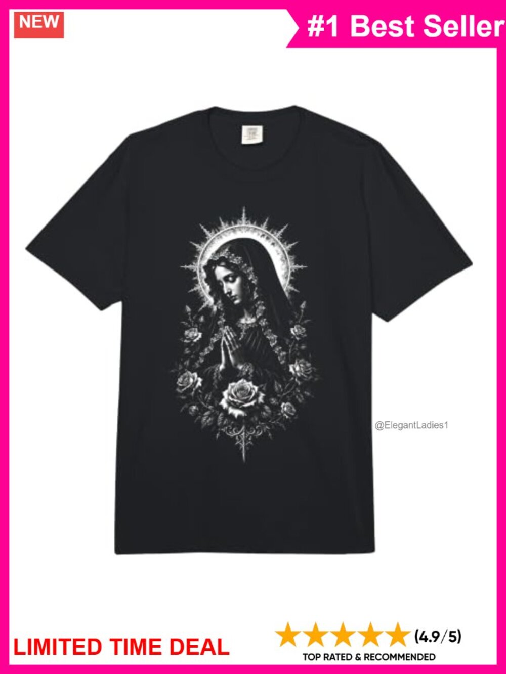 Virgin Mary Gothic Rose Prayer Catholic Icon T-Shirt Heavyweight Cotton